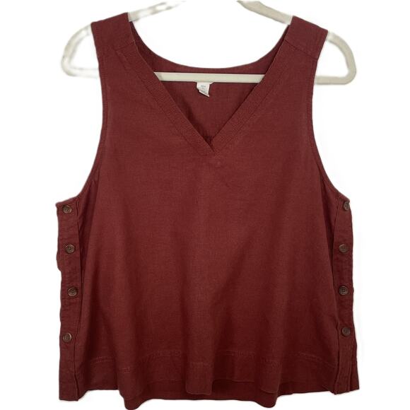 Caslon Petite L Linen Blend Tank Top Red Brick Sleeveless Side Button V-Neck - Picture 1 of 10